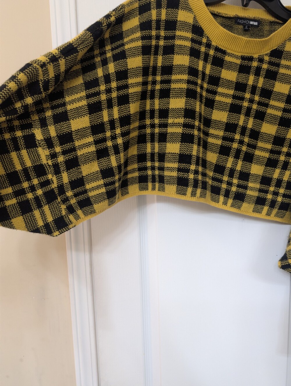 Fashion Nova Mustard Yellow & Black Plaid Knit Cropped Crew and Skirt Set - Picture 5 of 15